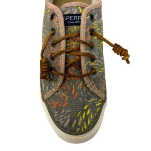 Sperry | Tan Canvas Boat Print Lace Up Athletic Sneaker Shoes Size 7.5 - Picture 2 of 8